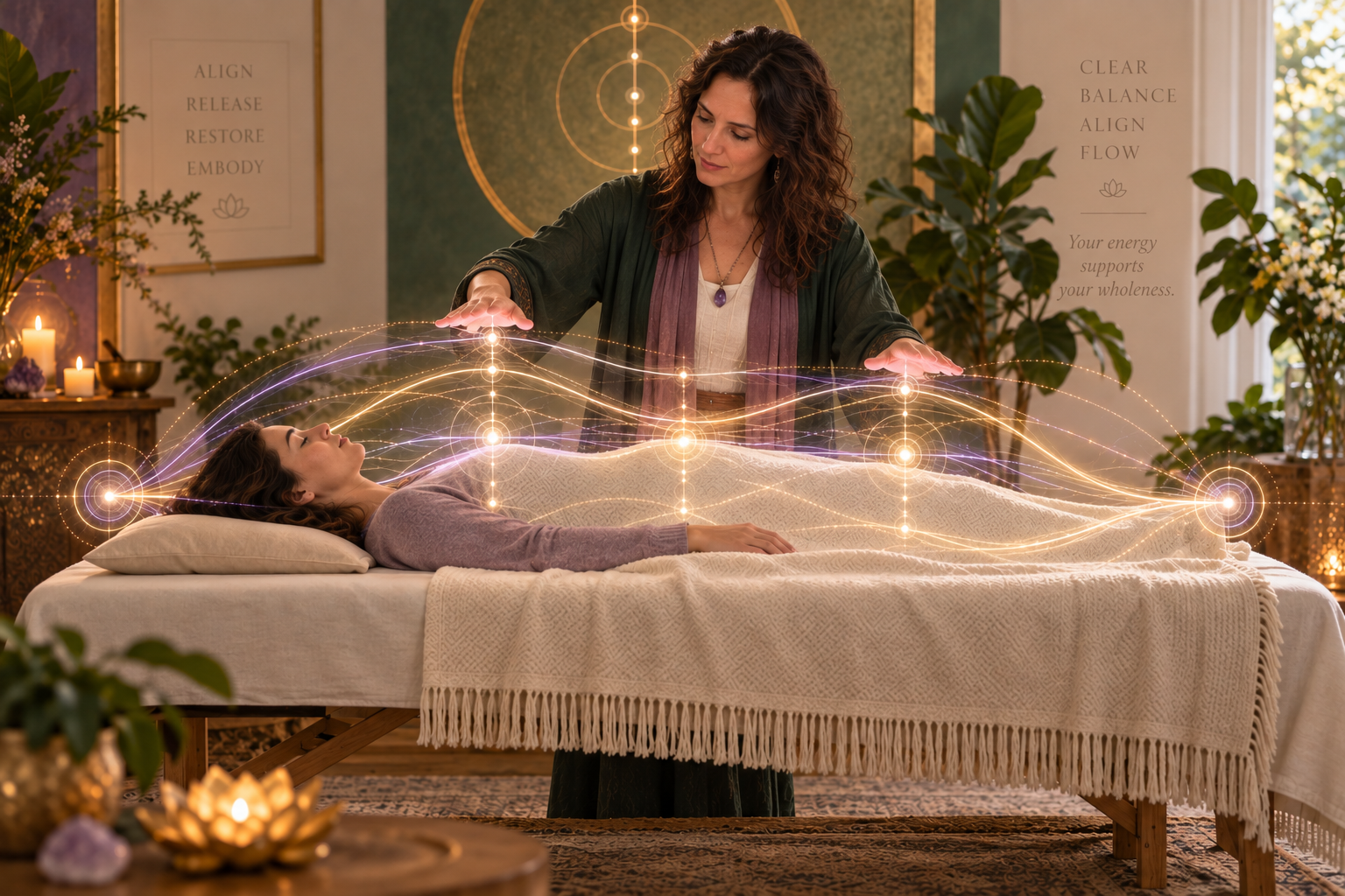 Asttarte standing beside a person on a table, hands over a field of light along the body during Frequency Balancing