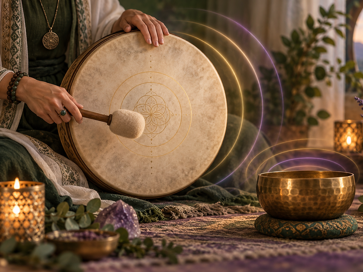 Frame drum and singing bowl surrounded by gentle waves of sound.